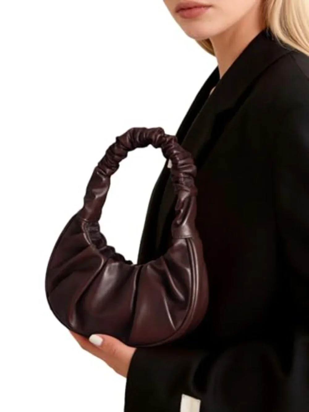 Ruched Soft PU Leather Hobo Handbag with Zipper Closure Crossbody Shoulder Purse